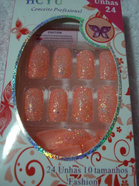 Unhas Postiças Glitter Coral